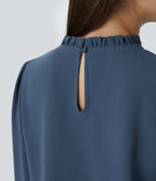 Frill Round Neck Keyhole Back Long Sleeve Work Blouse — Starry Blue — view 4