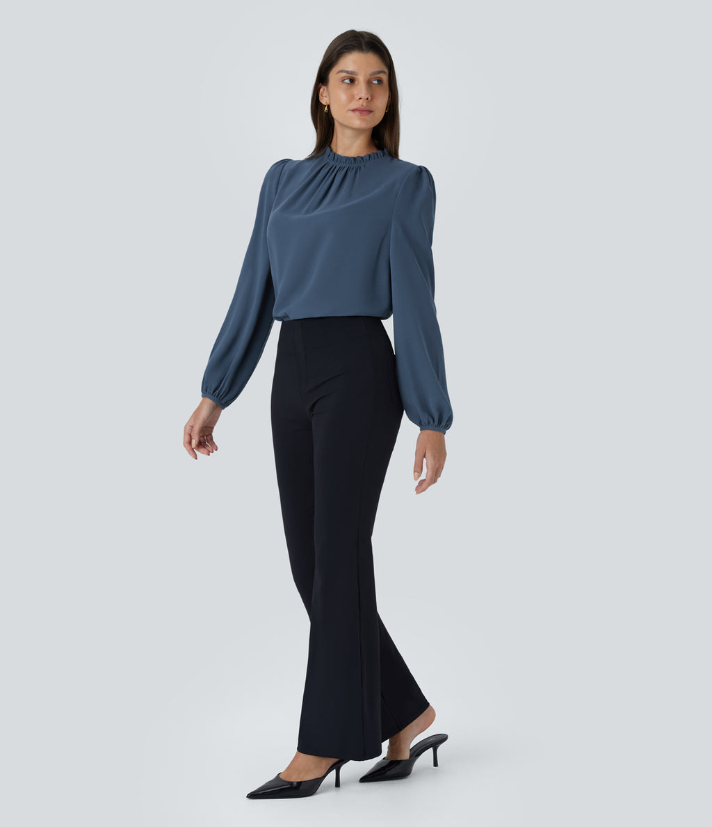 Frill Round Neck Keyhole Back Long Sleeve Work Blouse — Starry Blue — view 8