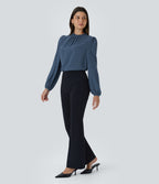 Frill Round Neck Keyhole Back Long Sleeve Work Blouse — Starry Blue — view 8
