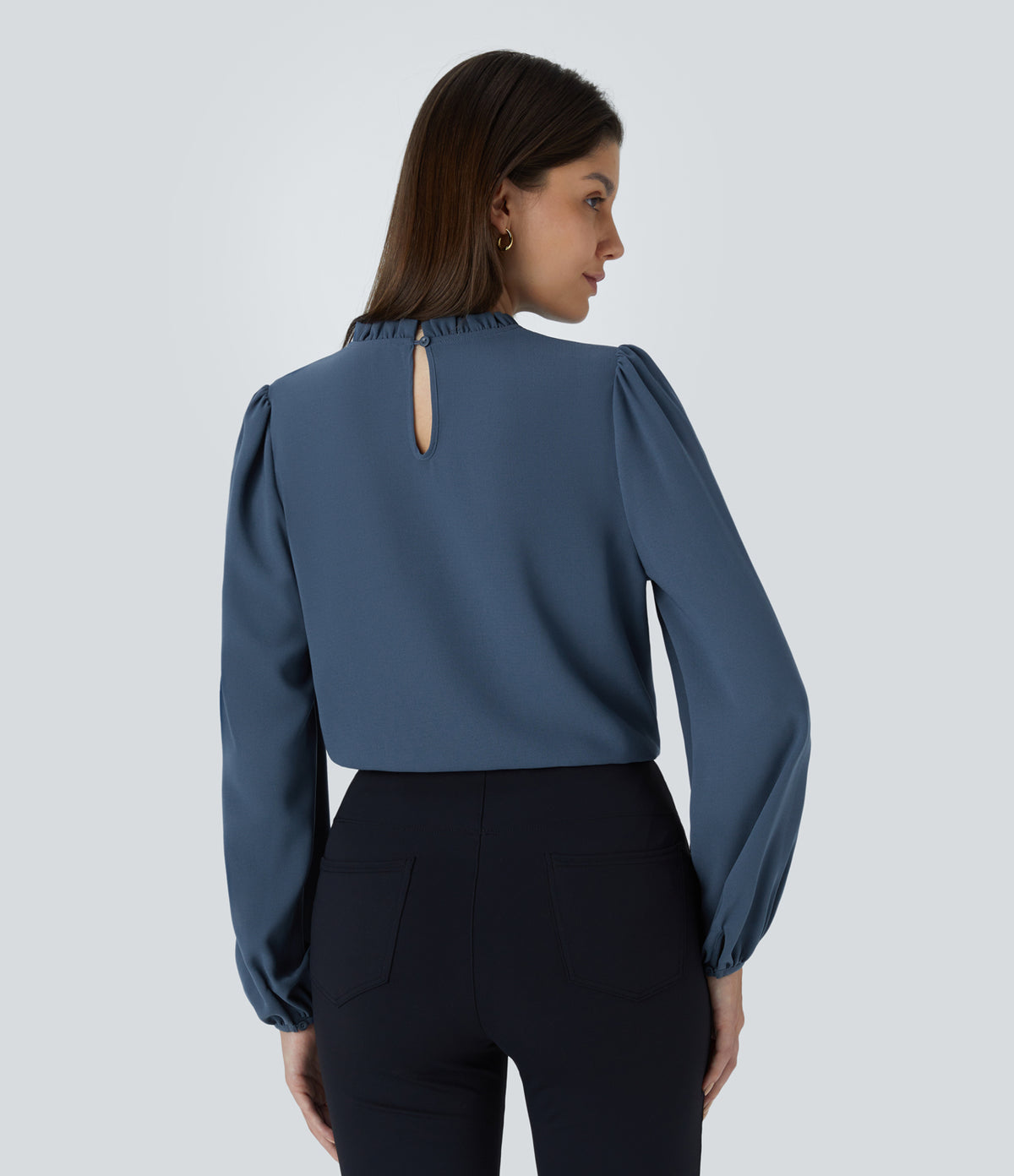 Frill Round Neck Keyhole Back Long Sleeve Work Blouse — Starry Blue — view 2