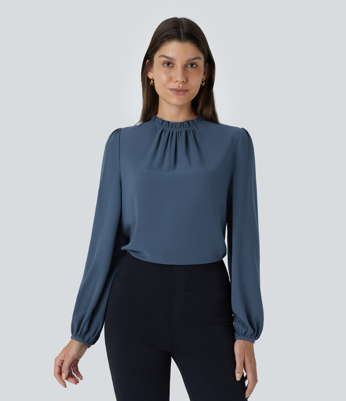 Frill Round Neck Keyhole Back Long Sleeve Work Blouse — Starry Blue — view 1