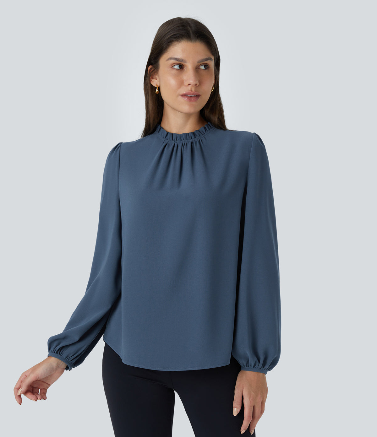 Frill Round Neck Keyhole Back Long Sleeve Work Blouse — Starry Blue — view 7