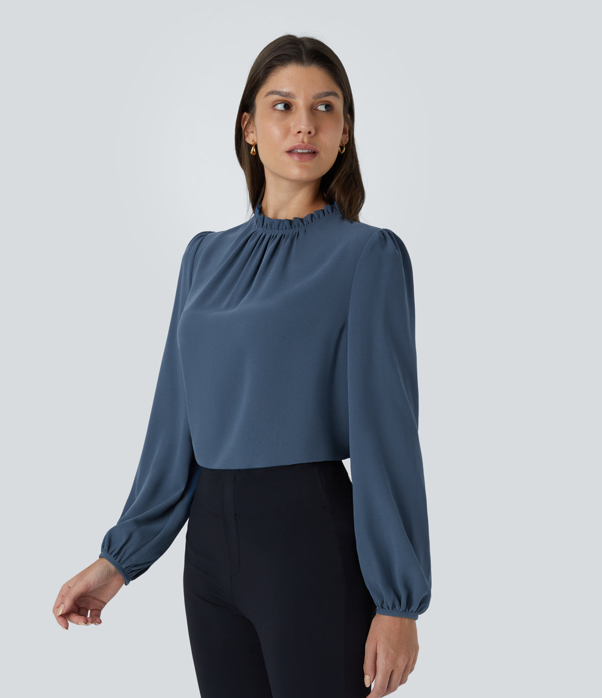 Frill Round Neck Keyhole Back Long Sleeve Work Blouse — Starry Blue — view 3