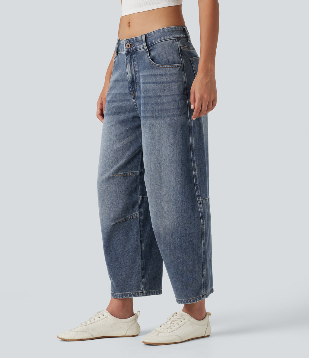 Low Rise Zipper Pockets Barrel Leg Casual Jeans — Mist Blue Denim — view 3