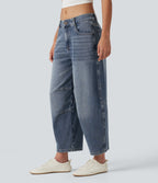 Low Rise Zipper Pockets Barrel Leg Casual Jeans — Mist Blue Denim — view 3