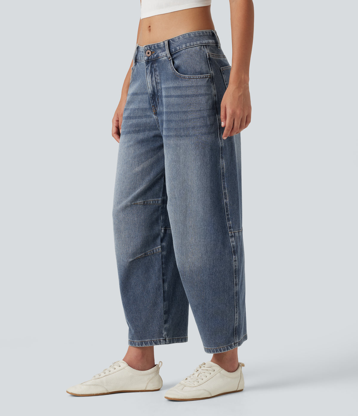 Low Rise Zipper Pockets Barrel Leg Casual Jeans — Mist Blue Denim — view 3