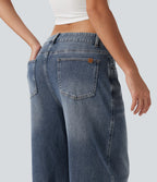 Low Rise Zipper Pockets Barrel Leg Casual Jeans — Mist Blue Denim — view 6