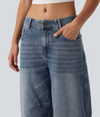 Low Rise Zipper Pockets Barrel Leg Casual Jeans — Mist Blue Denim — view 5