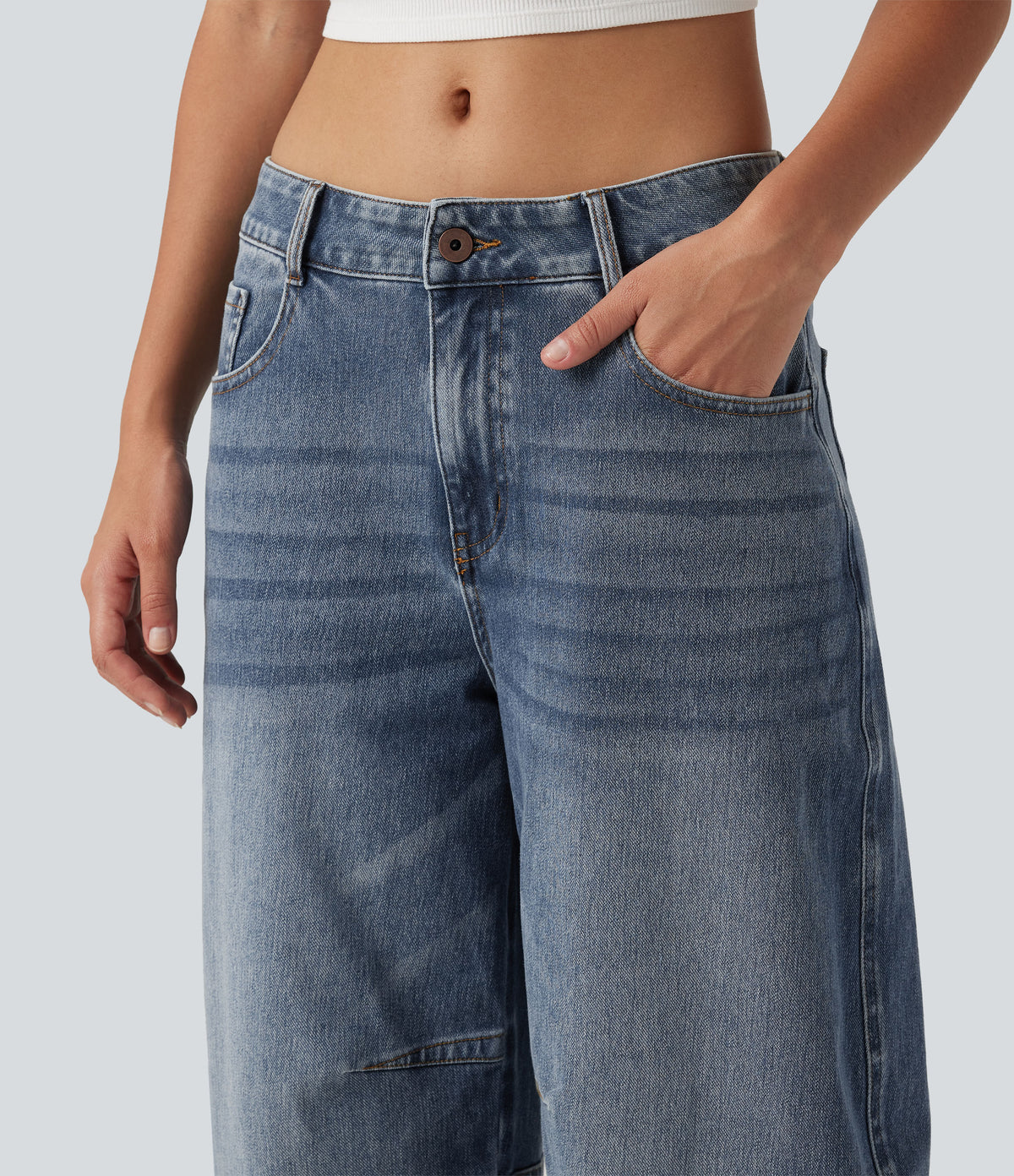 Low Rise Zipper Pockets Barrel Leg Casual Jeans — Mist Blue Denim — view 5