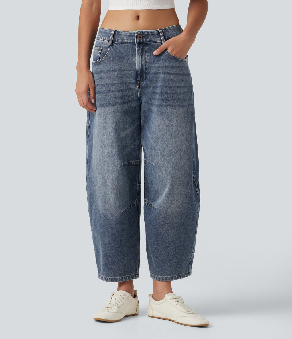 Low Rise Zipper Pockets Barrel Leg Casual Jeans — Mist Blue Denim — view 1