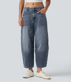 Low Rise Zipper Pockets Barrel Leg Casual Jeans — Mist Blue Denim — view 1