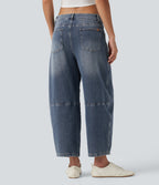 Low Rise Zipper Pockets Barrel Leg Casual Jeans — Mist Blue Denim — view 2