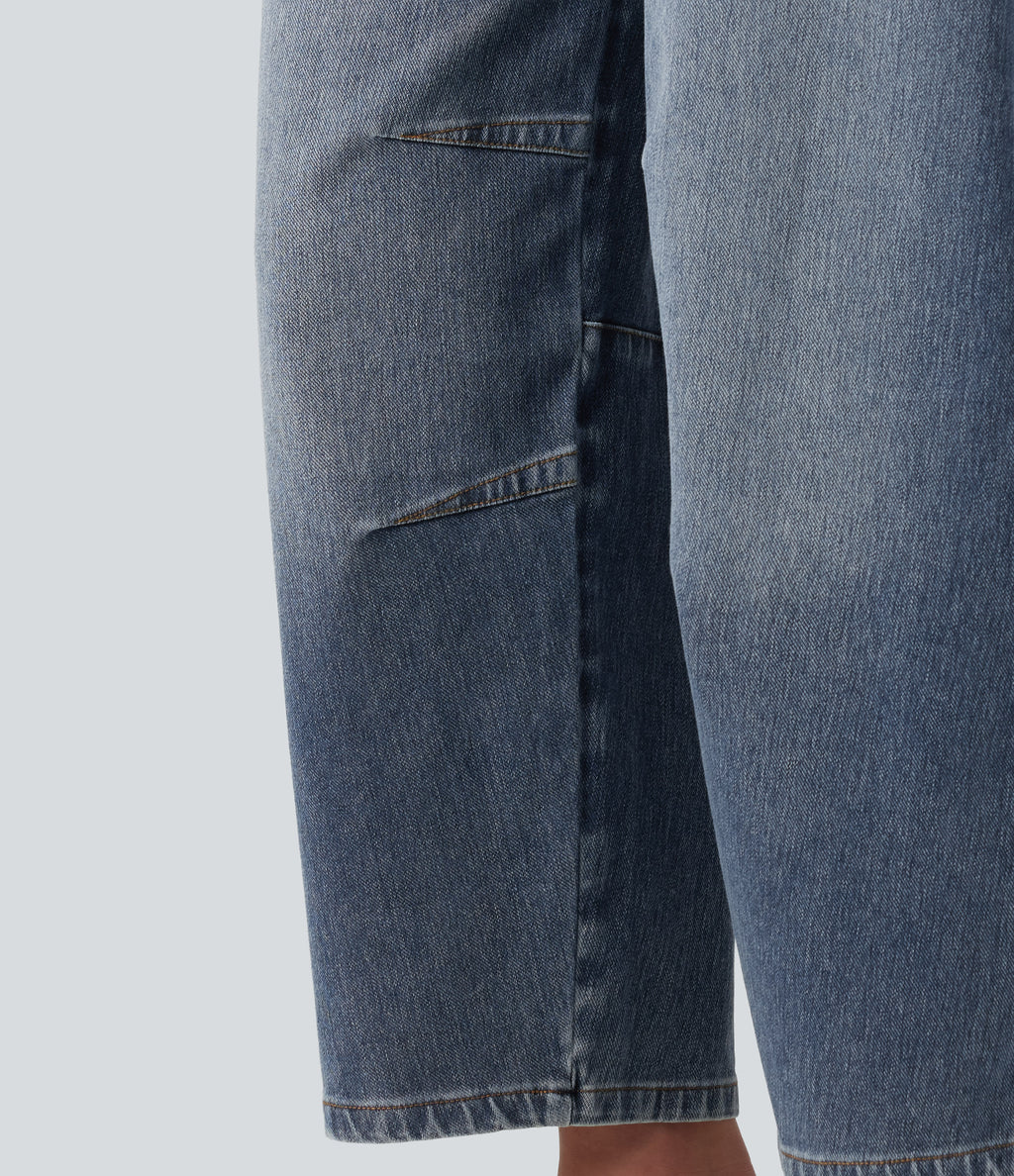 Low Rise Zipper Pockets Barrel Leg Casual Jeans — Mist Blue Denim — view 7