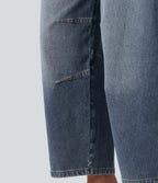 Low Rise Zipper Pockets Barrel Leg Casual Jeans — Mist Blue Denim — view 7