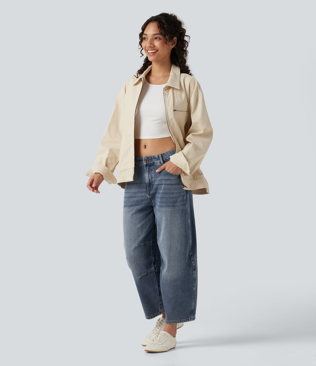 Low Rise Zipper Pockets Barrel Leg Casual Jeans — Mist Blue Denim — view 8