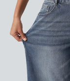 Low Rise Zipper Pockets Barrel Leg Casual Jeans — Mist Blue Denim — view 4