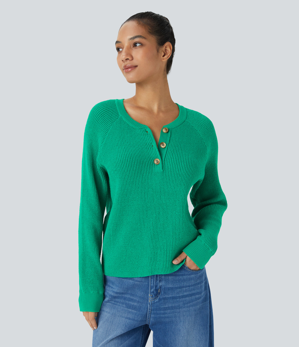 Round Neck Front Long Sleeve Casual Jumper — Mint Leaf — view 1