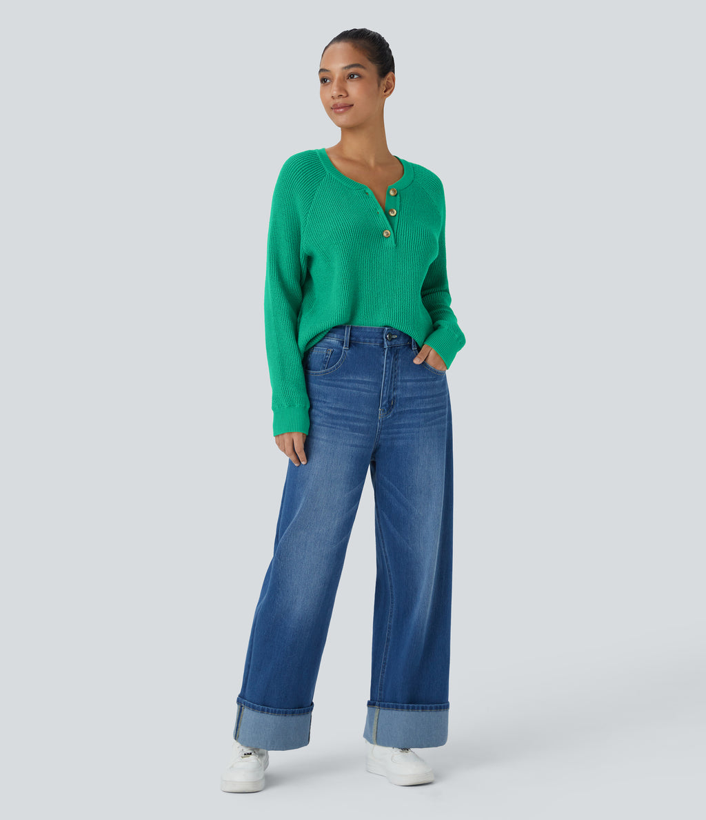 Round Neck Front Long Sleeve Casual Jumper — Mint Leaf — view 6