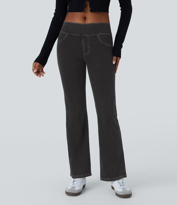Low Rise Back Pockets Stretchy Knit Casual Bootcut Jeans — Black Rock Denim — view 1