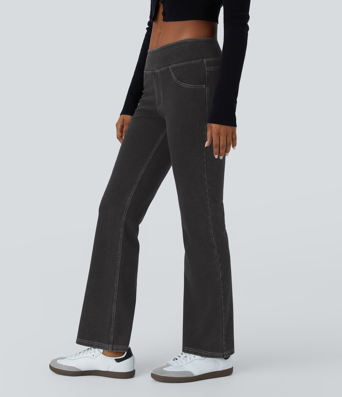 Low Rise Back Pockets Stretchy Knit Casual Bootcut Jeans — Black Rock Denim — view 3