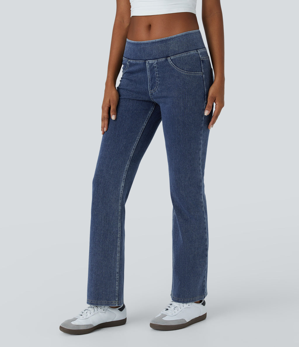 Low Rise Back Pockets Stretchy Knit Casual Bootcut Jeans — Deep Well Blue Denim — view 7