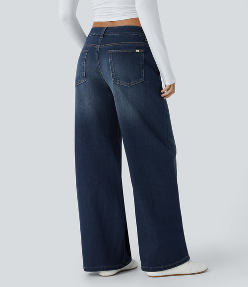 Asymmetric Low Rise Zipper Pockets Baggy Wide Leg Washed Casual Jeans — Paint Blue Denim — view 2