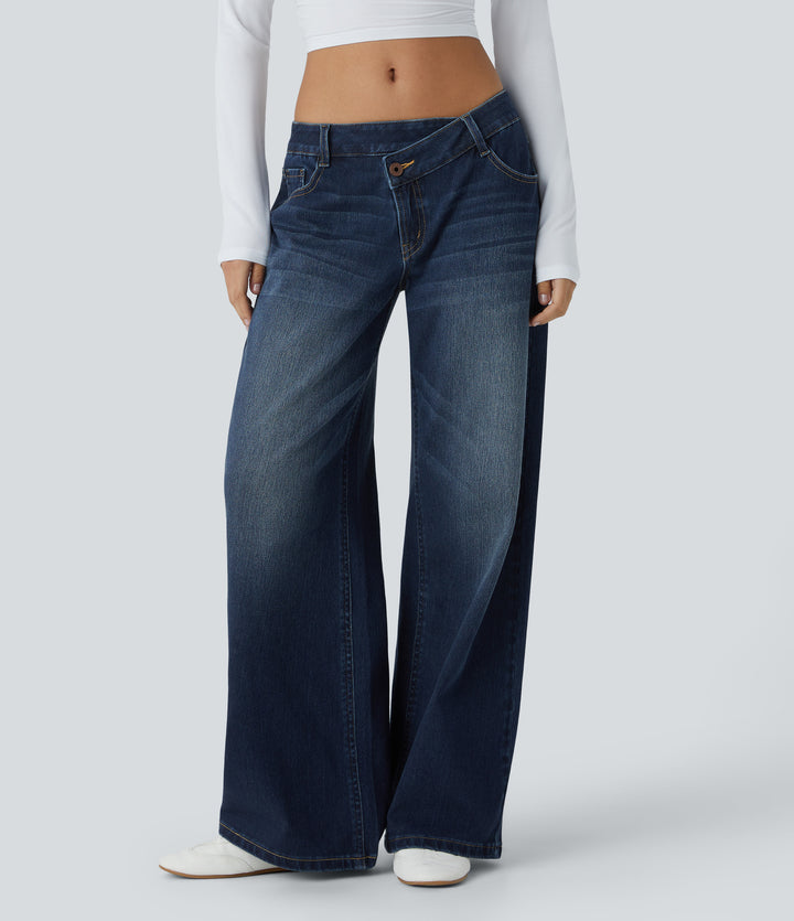 Asymmetric Low Rise Zipper Pockets Baggy Wide Leg Washed Casual Jeans — Paint Blue Denim — view 1
