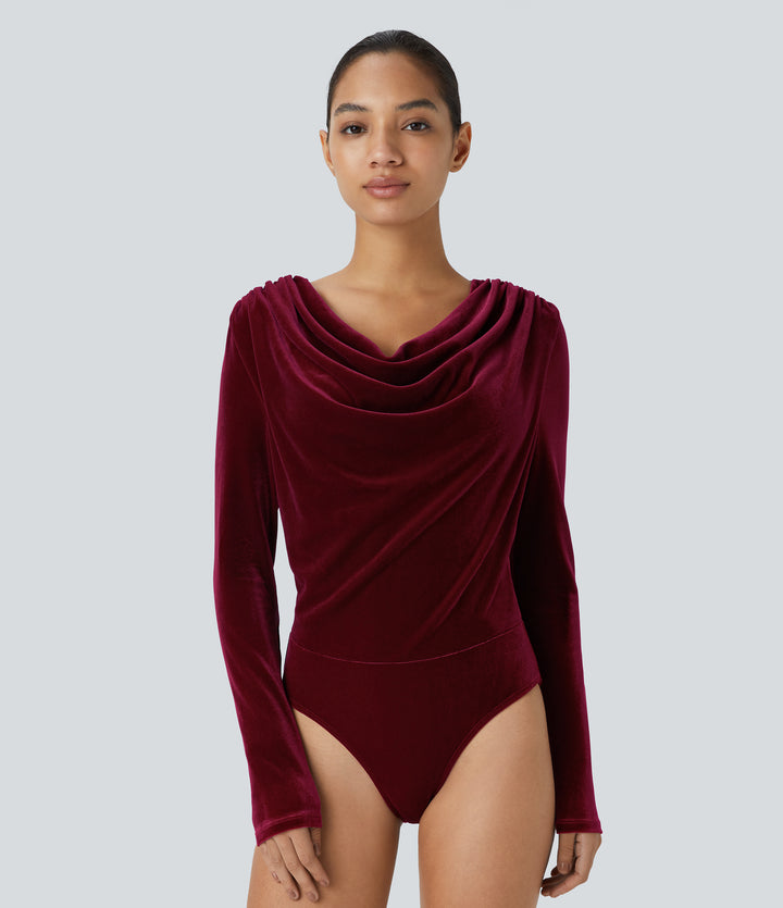 Cowl Neck Long Sleeve Velvet Work Bodysuit — Sangria — view 1