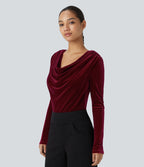 Cowl Neck Long Sleeve Velvet Work Bodysuit — Sangria — view 4