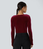 Cowl Neck Long Sleeve Velvet Work Bodysuit — Sangria — view 2