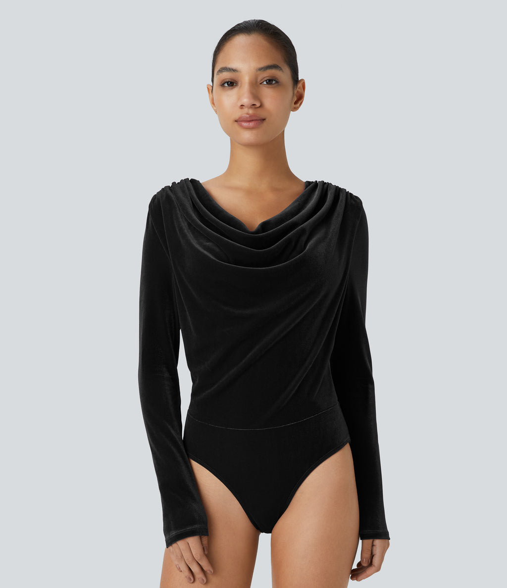 Cowl Neck Long Sleeve Velvet Work Bodysuit — Black — view 7