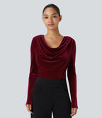 Cowl Neck Long Sleeve Velvet Work Bodysuit — Sangria — view 3