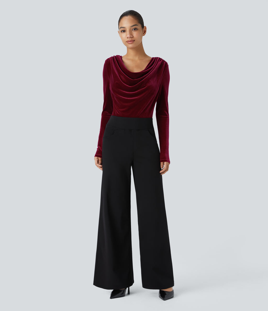Cowl Neck Long Sleeve Velvet Work Bodysuit — Sangria — view 6