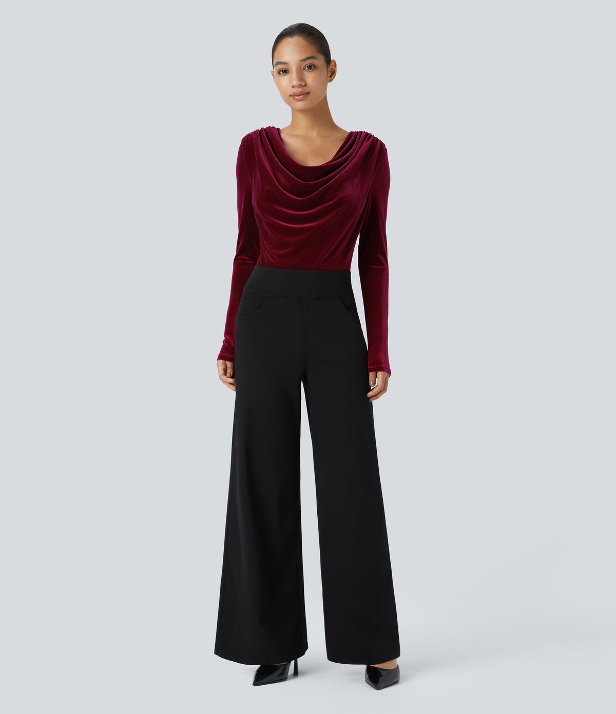Cowl Neck Long Sleeve Velvet Work Bodysuit — Sangria — view 6