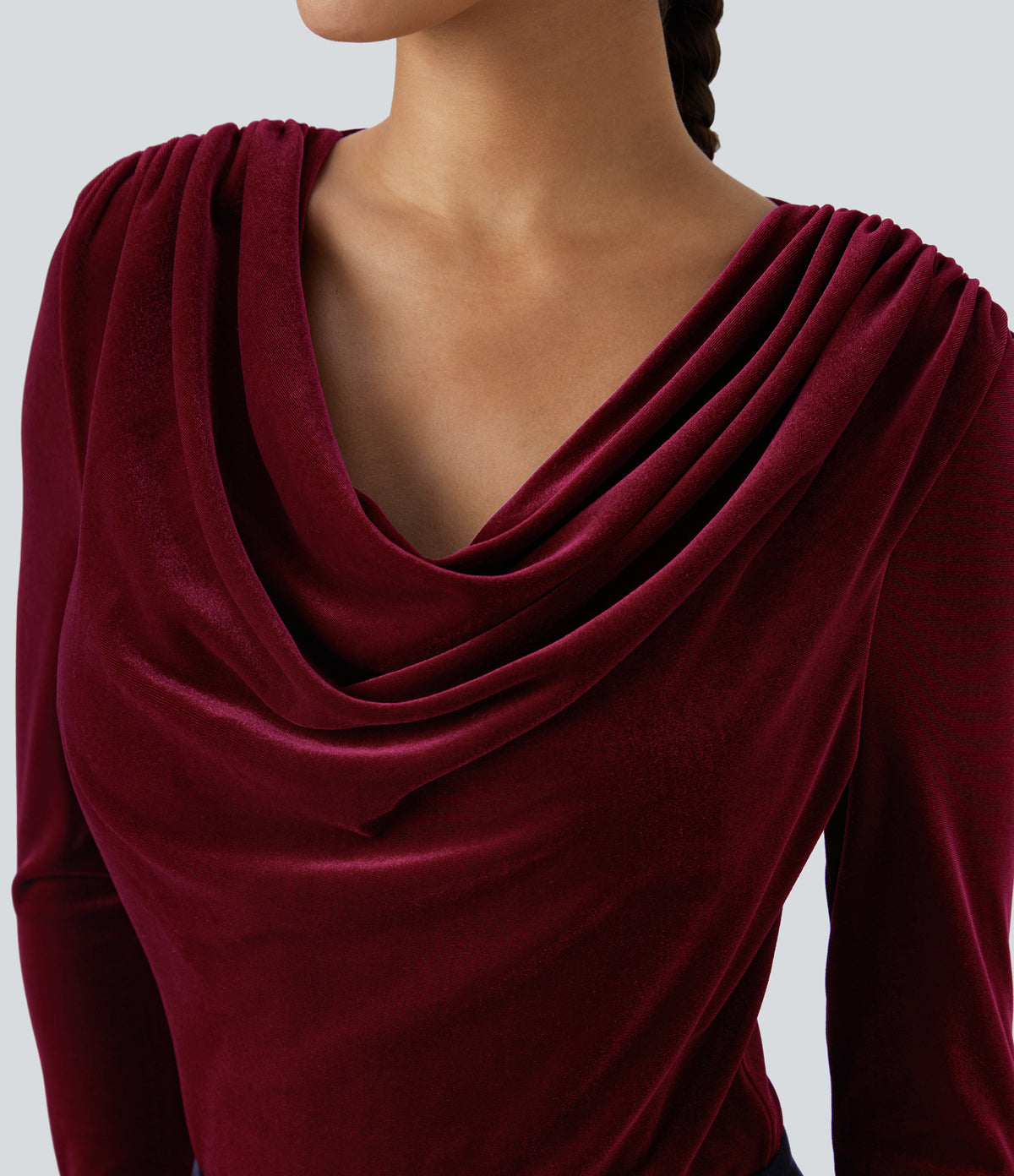 Cowl Neck Long Sleeve Velvet Work Bodysuit — Sangria — view 5