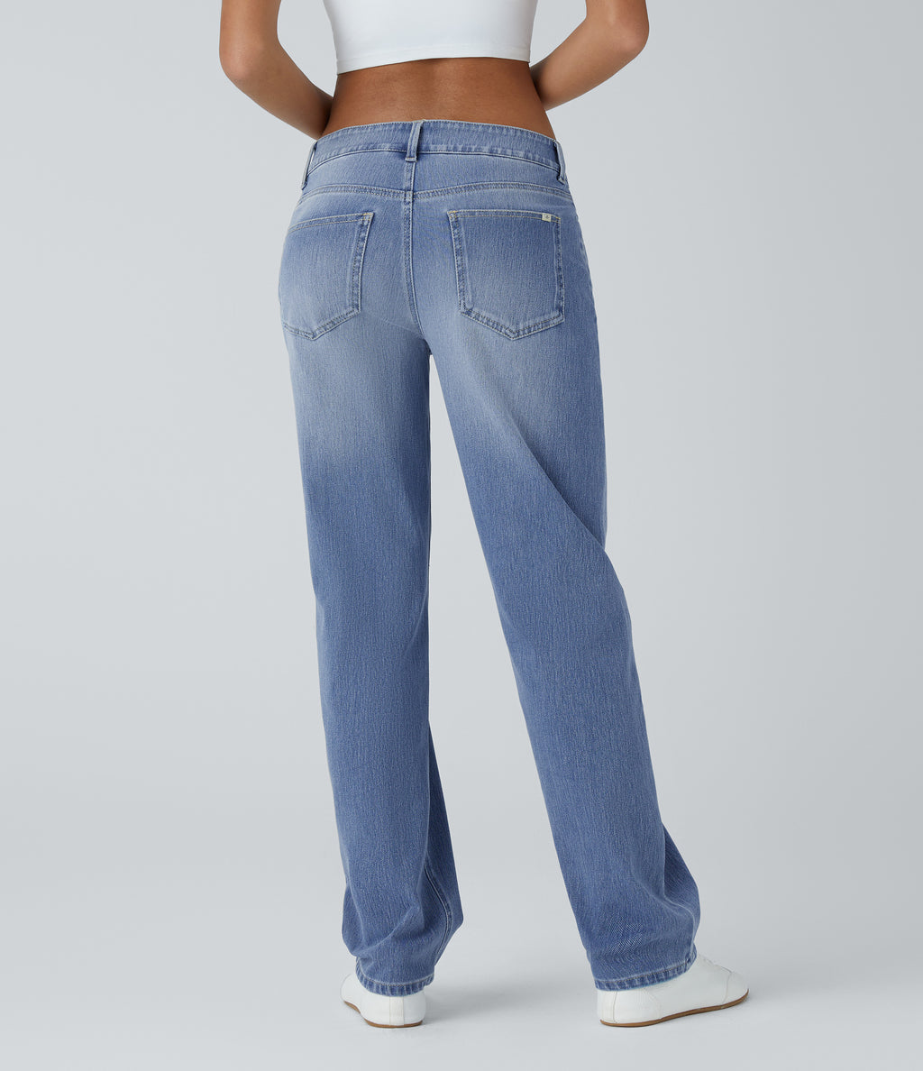 Low Rise Zipper Pockets Straight Leg Washed Casual Jeans — Sea Blue Denim — view 2