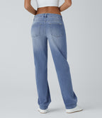 Low Rise Zipper Pockets Straight Leg Washed Casual Jeans — Sea Blue Denim — view 2