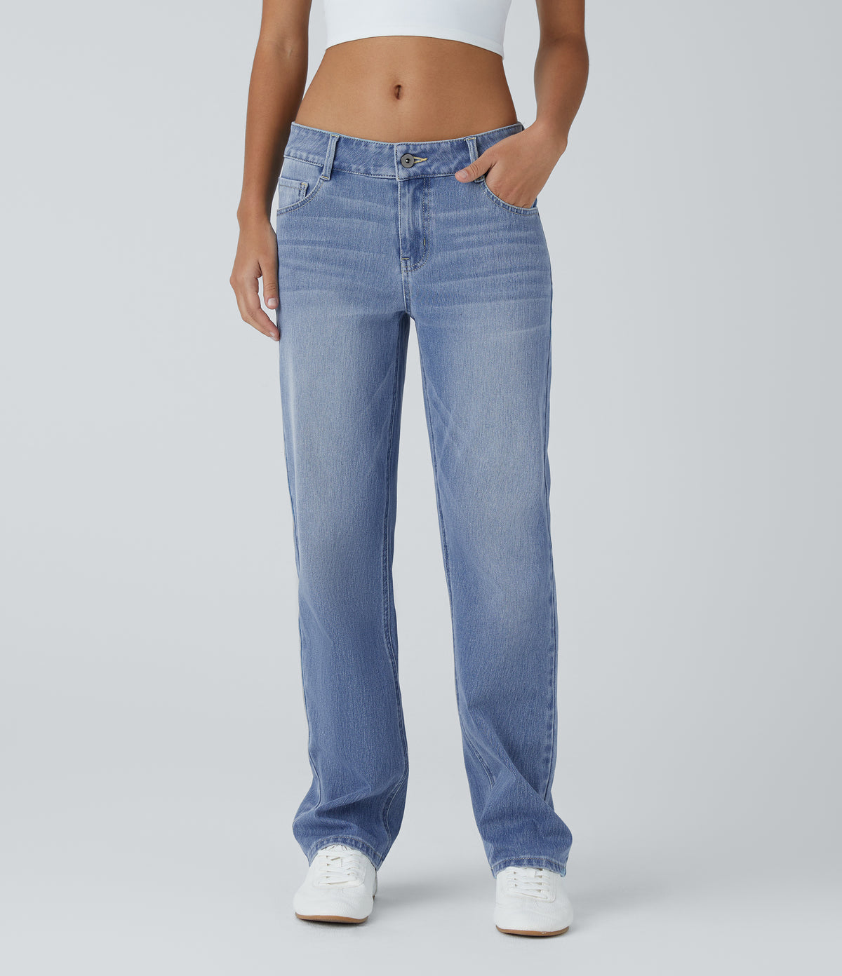 Low Rise Zipper Pockets Straight Leg Washed Casual Jeans — Sea Blue Denim — view 1