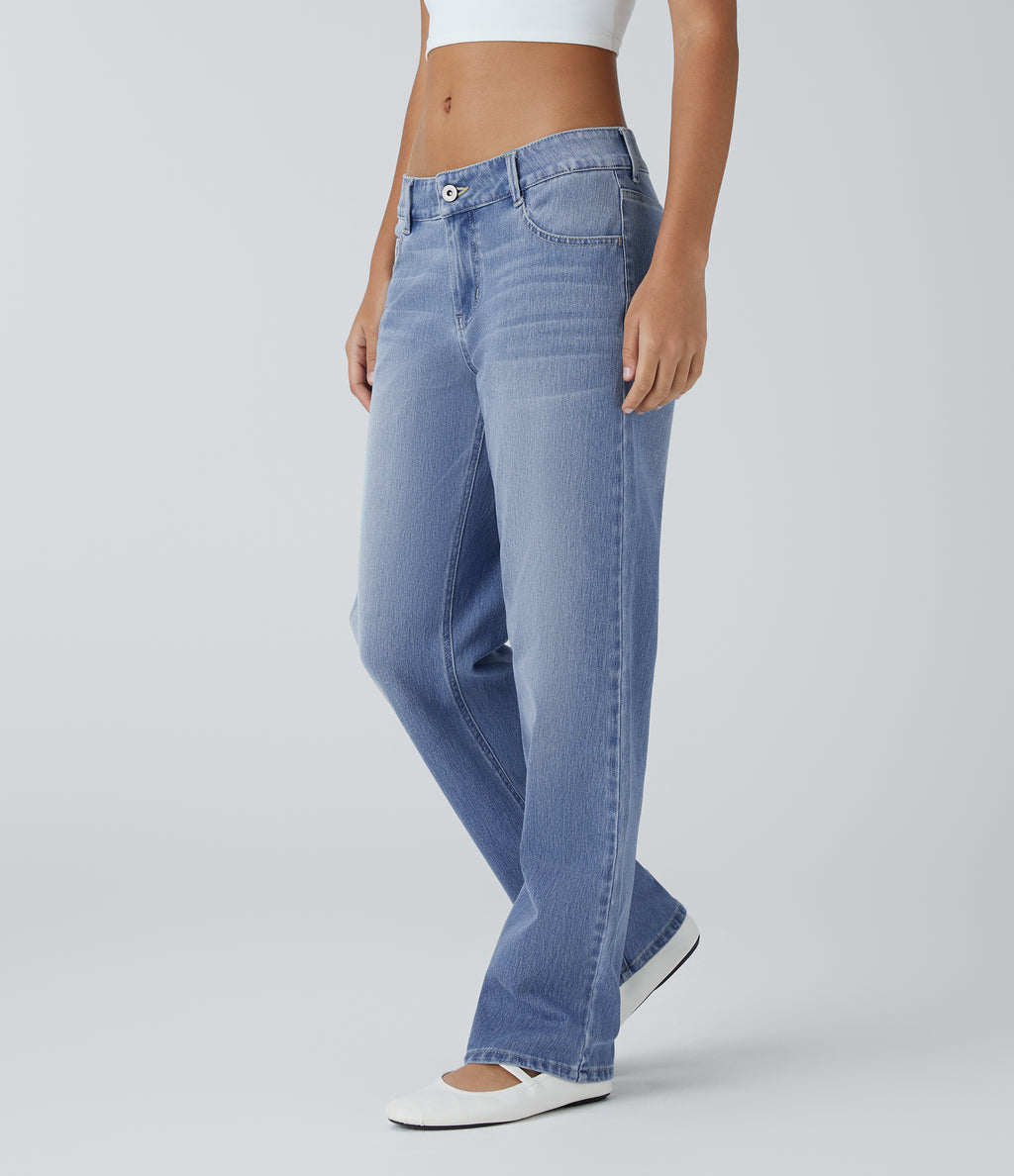 Low Rise Zipper Pockets Straight Leg Washed Casual Jeans — Sea Blue Denim — view 3