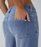 Low Rise Zipper Pockets Straight Leg Washed Casual Jeans — Sea Blue Denim — view 5