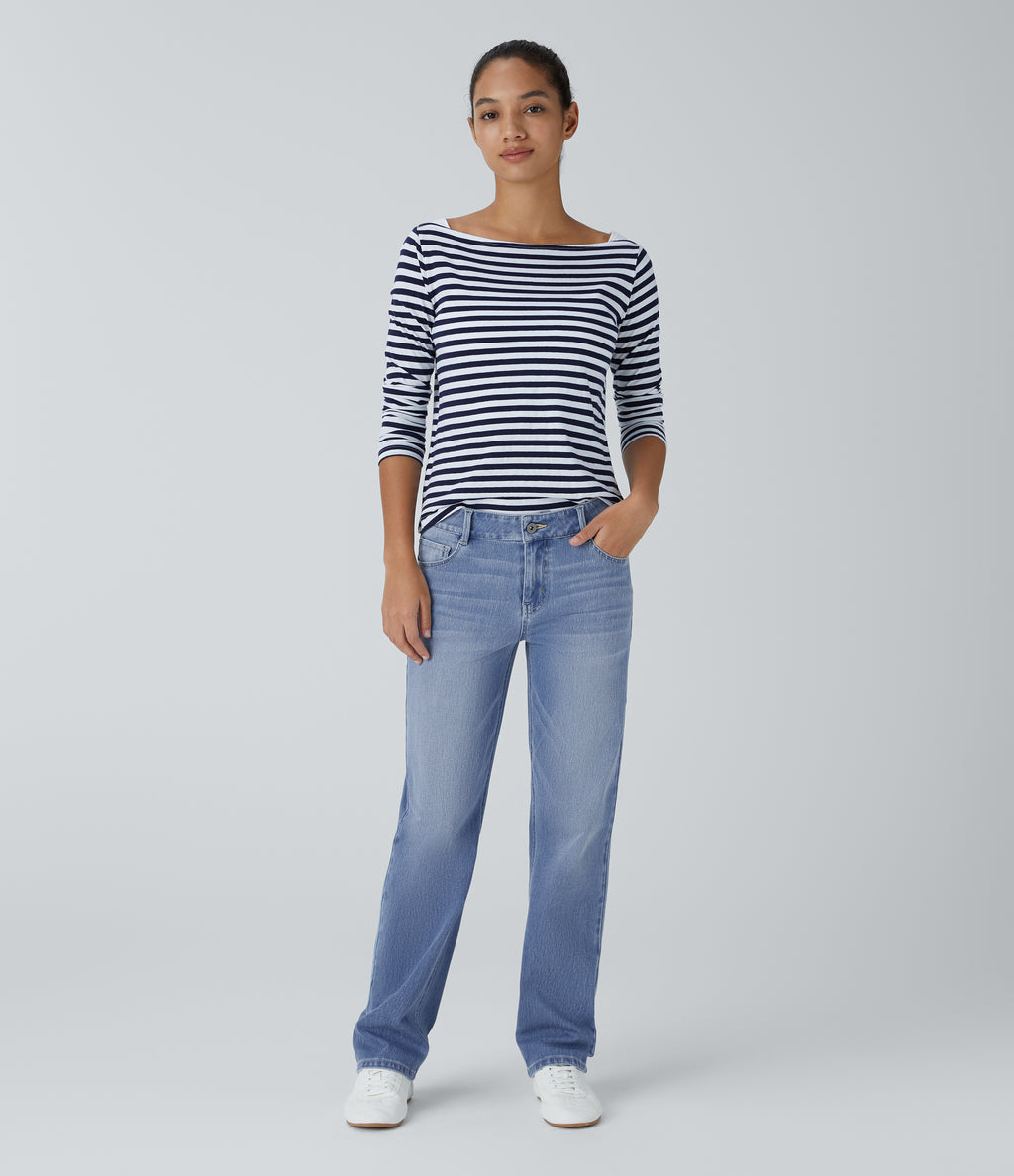Low Rise Zipper Pockets Straight Leg Washed Casual Jeans — Sea Blue Denim — view 6