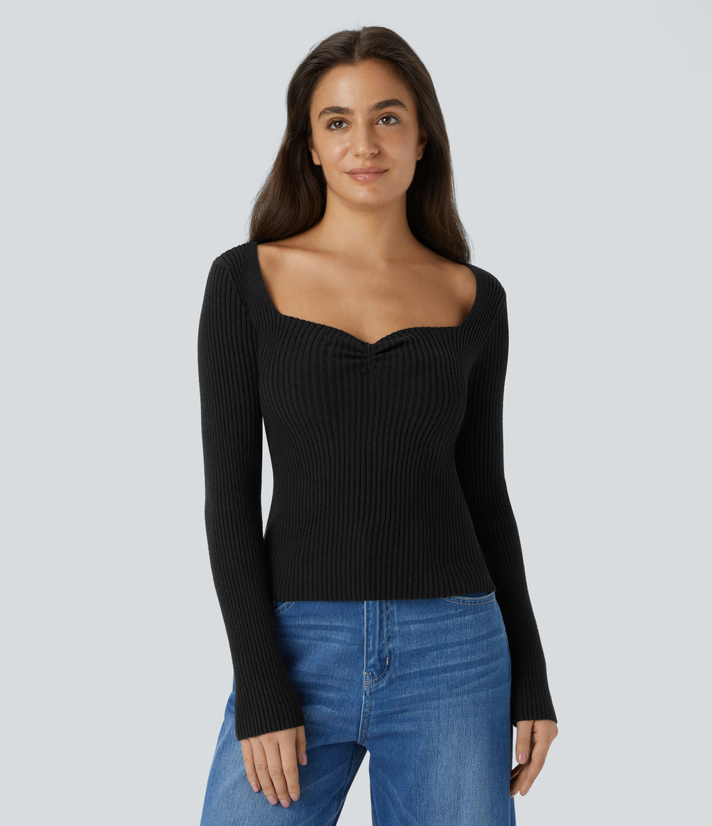 Sweetheart Neck Long Sleeve Slim Casual Jumper — Black — view 6