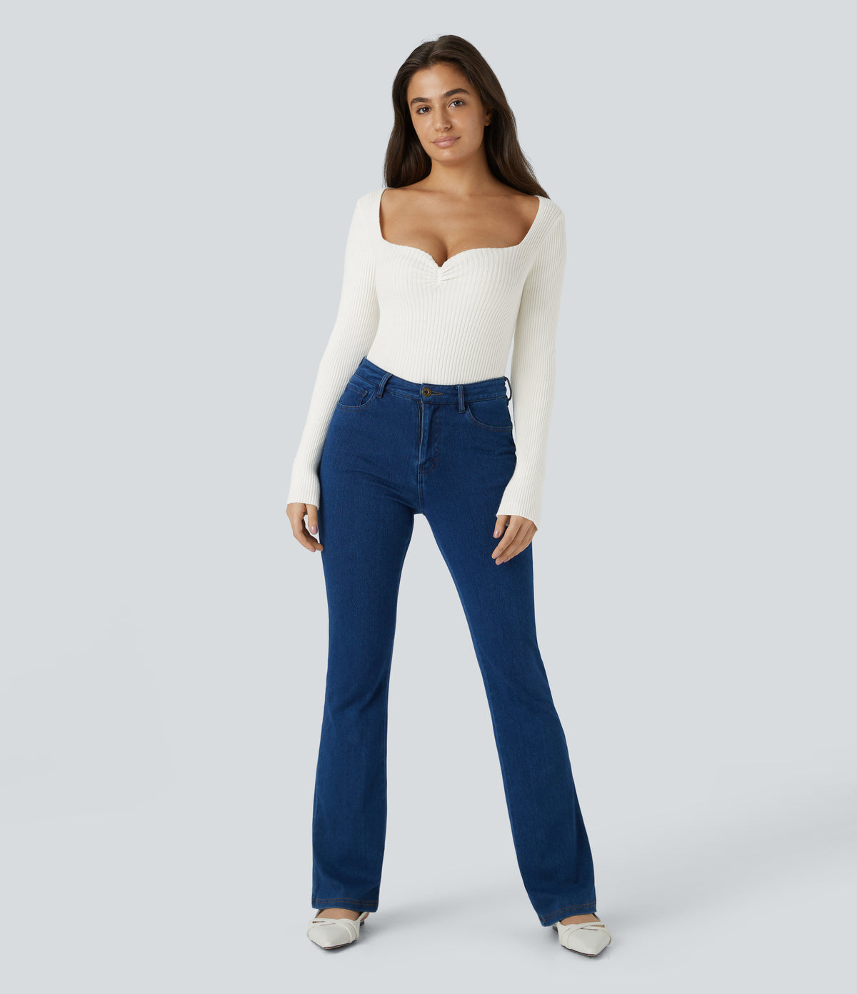 Sweetheart Neck Long Sleeve Slim Casual Jumper — White — view 5