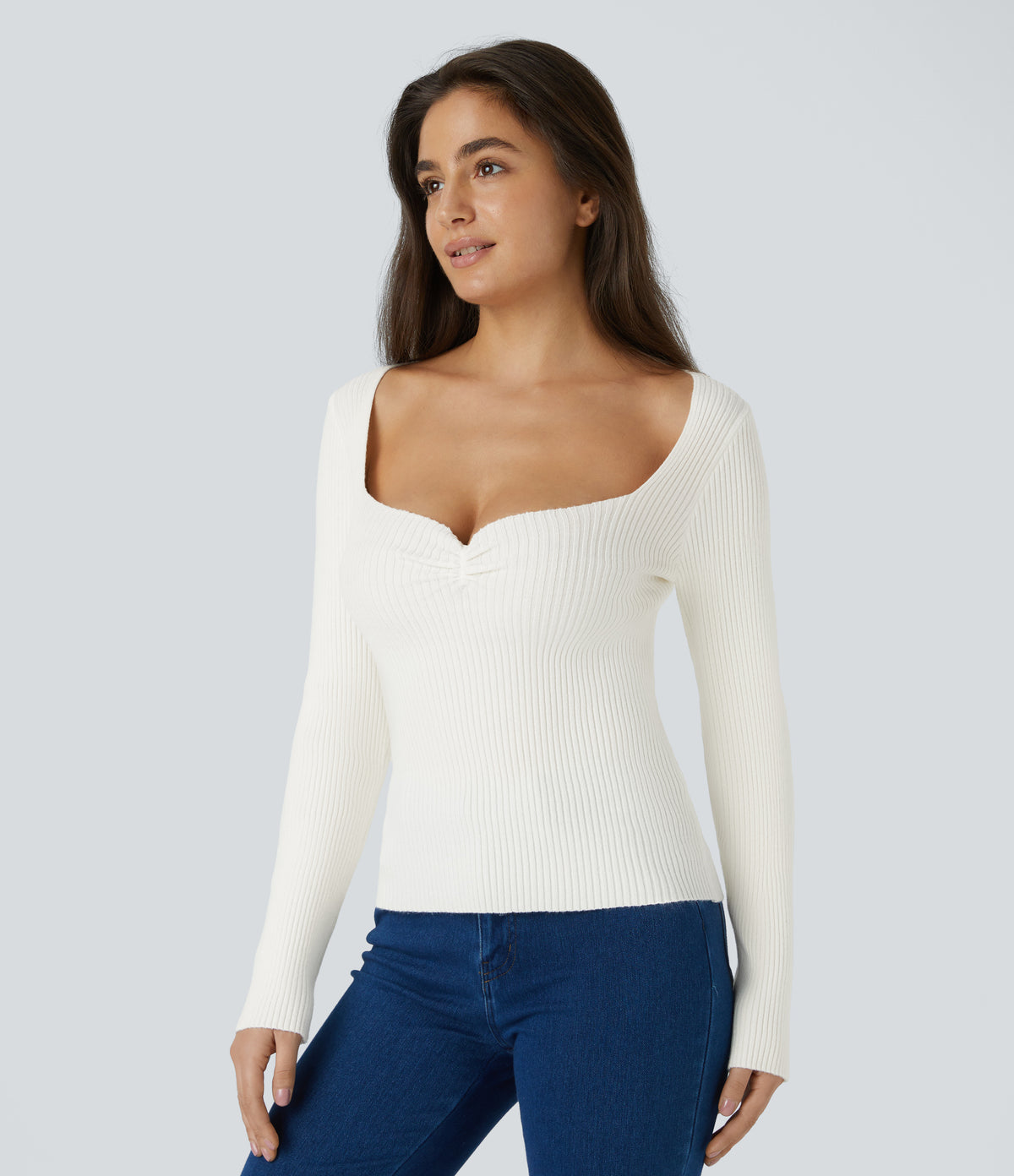 Sweetheart Neck Long Sleeve Slim Casual Jumper — White — view 3