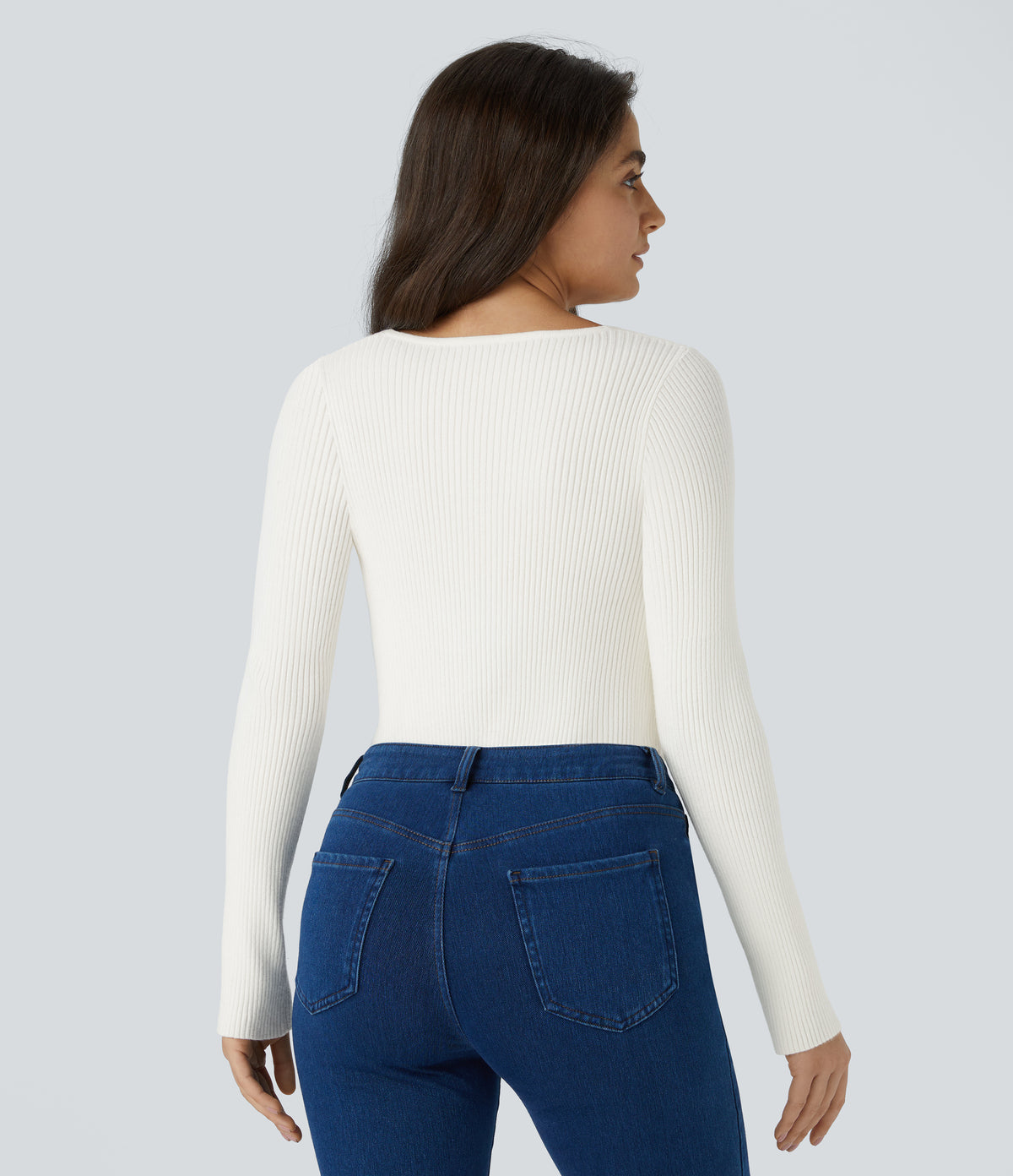 Sweetheart Neck Long Sleeve Slim Casual Jumper — White — view 2