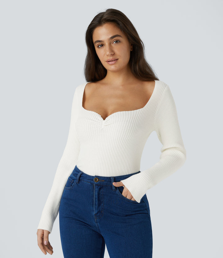 Sweetheart Neck Long Sleeve Slim Casual Jumper — White — view 1
