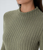 Ribbed Knit Stand Collar Long Sleeve Mini Fleece Casual Dress — Moss Green Floral Velvet — view 4
