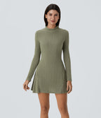Ribbed Knit Stand Collar Long Sleeve Mini Fleece Casual Dress — Moss Green Floral Velvet — view 1