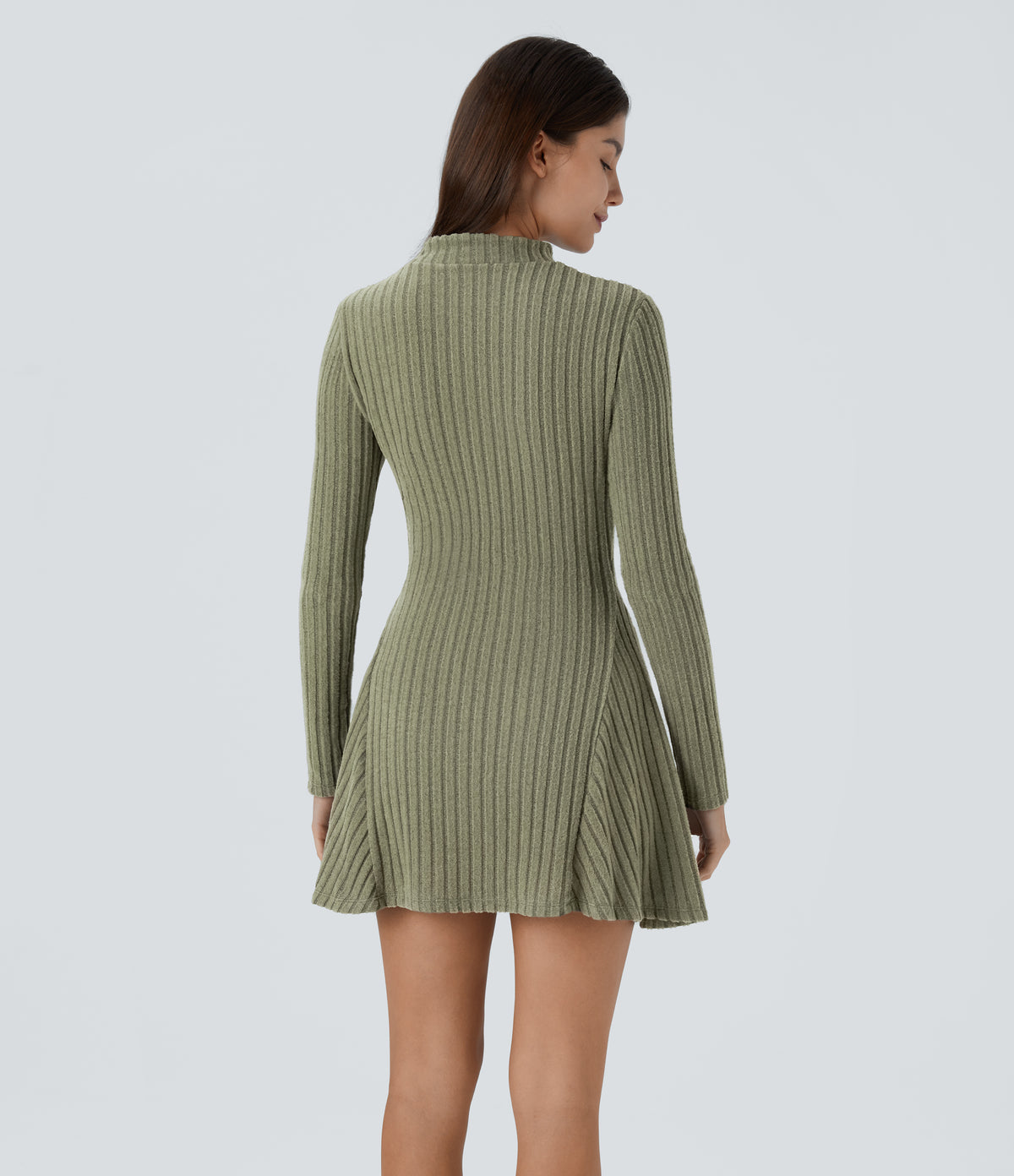Ribbed Knit Stand Collar Long Sleeve Mini Fleece Casual Dress — Moss Green Floral Velvet — view 2