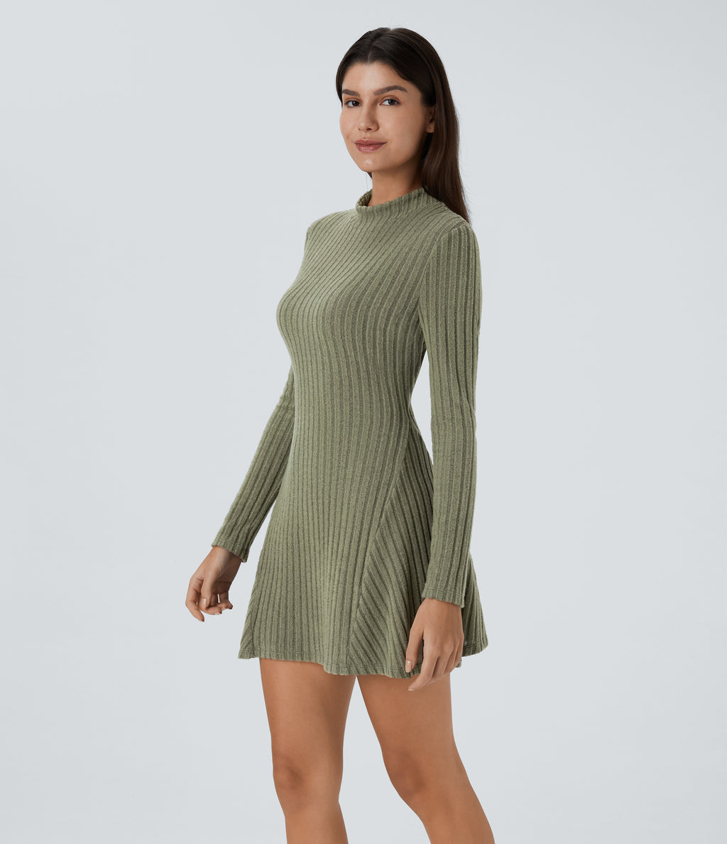 Ribbed Knit Stand Collar Long Sleeve Mini Fleece Casual Dress — Moss Green Floral Velvet — view 3